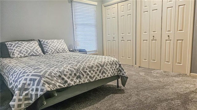 bedroom with multiple closets and carpet flooring