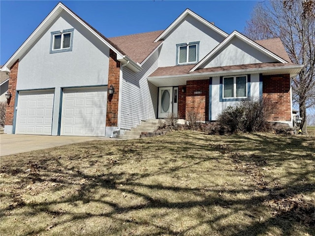 view of front facade with driveway, stucco siding, a front lawn, a garage, and brick siding