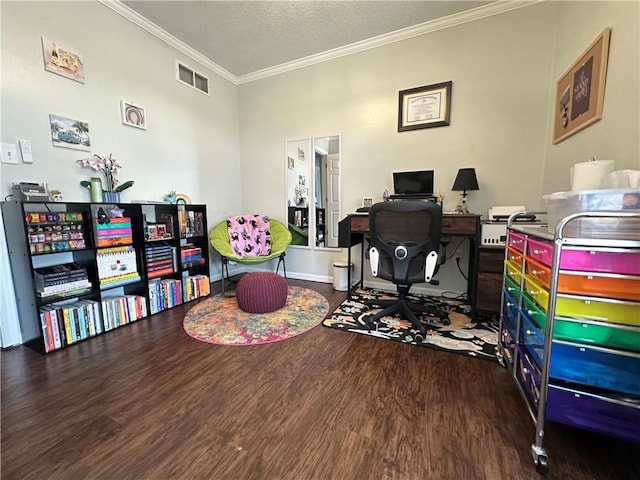 office area with ornamental molding, a textured ceiling, and dark hardwood / wood-style flooring