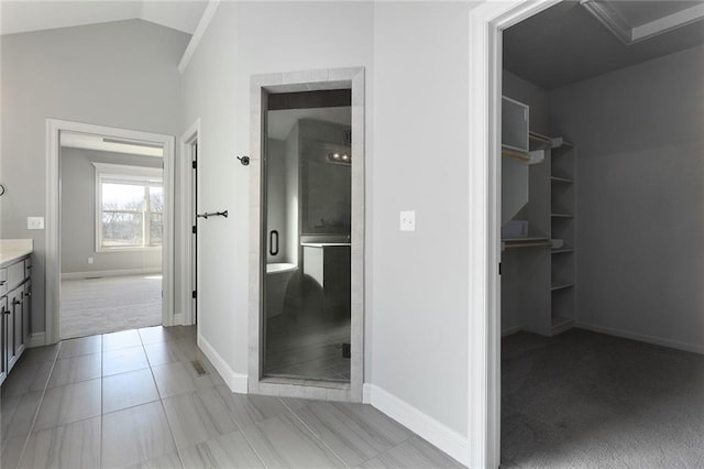 bathroom with lofted ceiling, vanity, and a shower with shower door