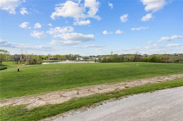 surrounding community with a lawn and a water view