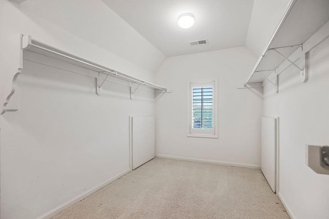 spacious closet with vaulted ceiling and light colored carpet