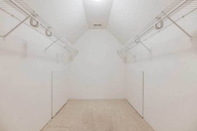 spacious closet with light colored carpet and lofted ceiling