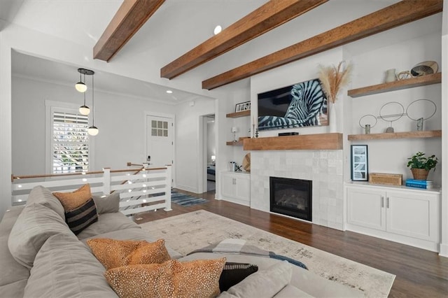 living room with beam ceiling, a tiled fireplace, ornamental molding, dark hardwood / wood-style flooring, and built in shelves