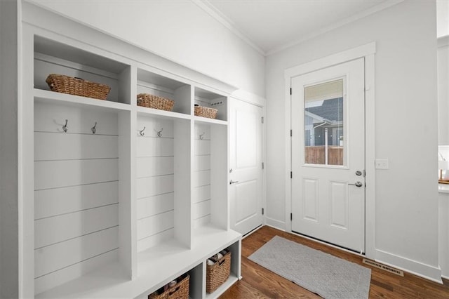 mudroom featuring crown molding and dark wood-type flooring