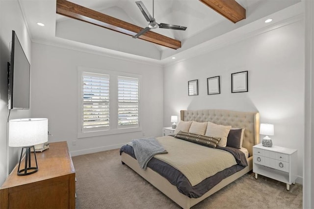 carpeted bedroom with ceiling fan and lofted ceiling with beams