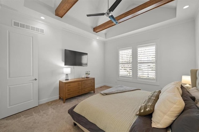 bedroom with ceiling fan, high vaulted ceiling, light carpet, and beam ceiling