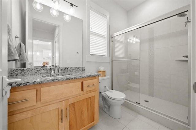 bathroom with tile patterned flooring, vanity, toilet, and walk in shower