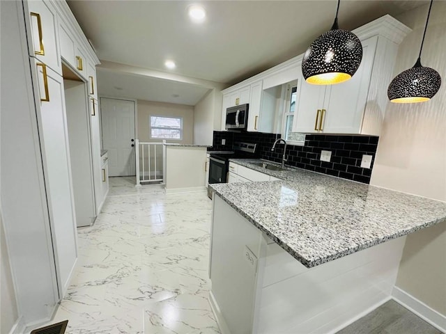 kitchen featuring white cabinetry, light stone counters, hanging light fixtures, electric range oven, and kitchen peninsula