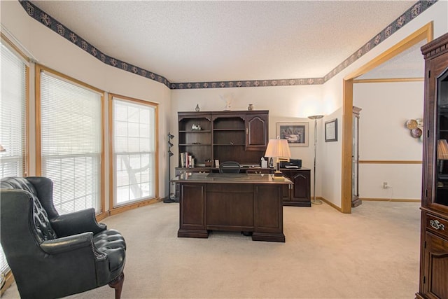 office area featuring a textured ceiling, baseboards, and light colored carpet