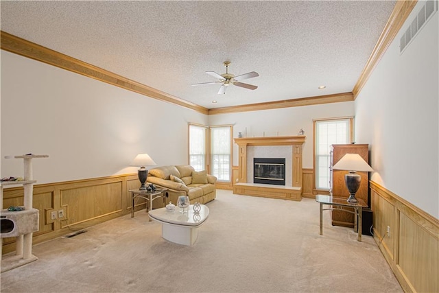 living area featuring a wainscoted wall, a textured ceiling, a wealth of natural light, and light colored carpet