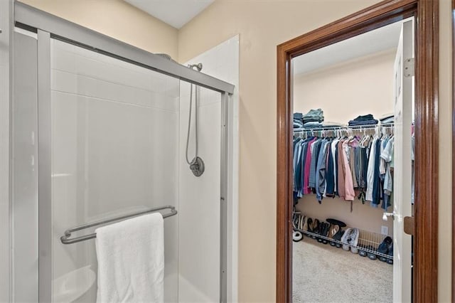 bathroom with a shower with door