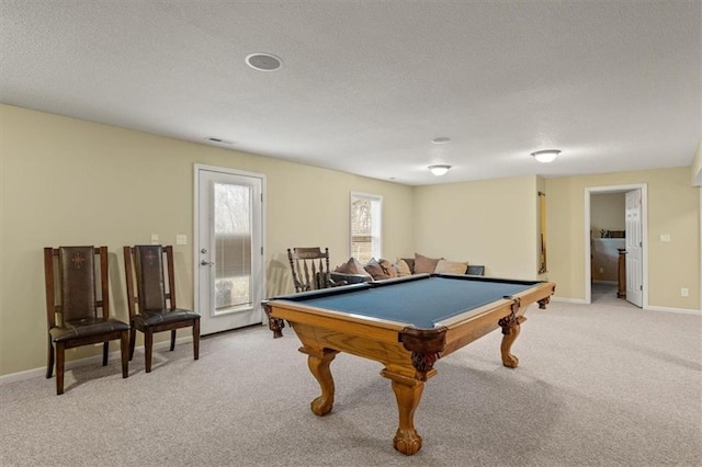 recreation room featuring light carpet and billiards