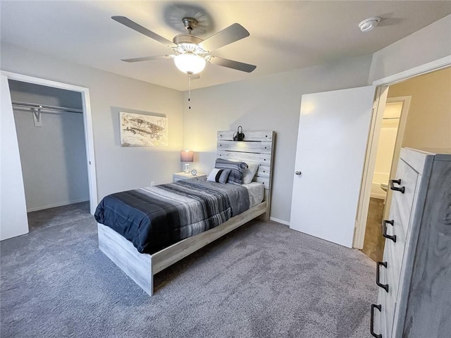 bedroom with carpet flooring, ceiling fan, and a closet