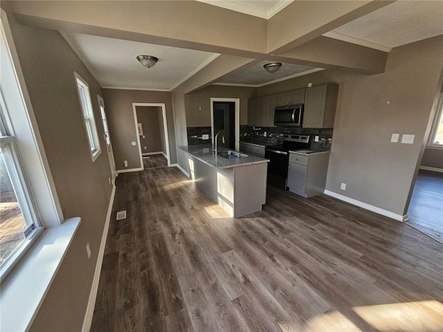 kitchen featuring appliances with stainless steel finishes, sink, a wealth of natural light, and dark wood-type flooring