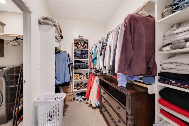 walk in closet with light carpet