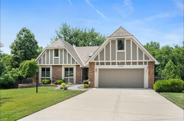 tudor house with a garage and a front lawn