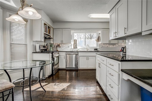 kitchen with under cabinet range hood, tasteful backsplash, dark countertops, dark wood finished floors, and appliances with stainless steel finishes