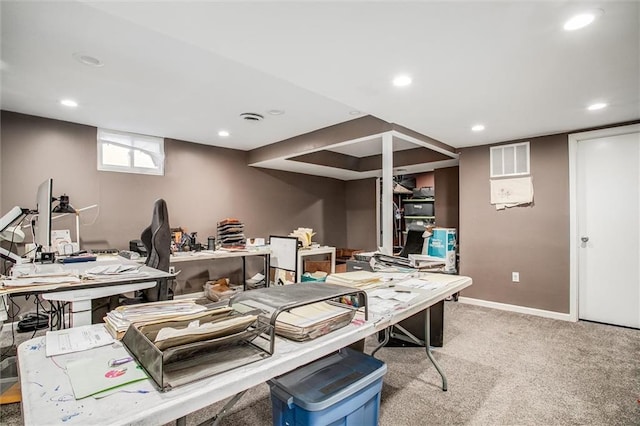 office space featuring visible vents, light carpet, recessed lighting, a workshop area, and baseboards