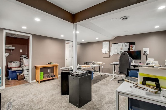 carpeted office featuring visible vents, recessed lighting, and baseboards