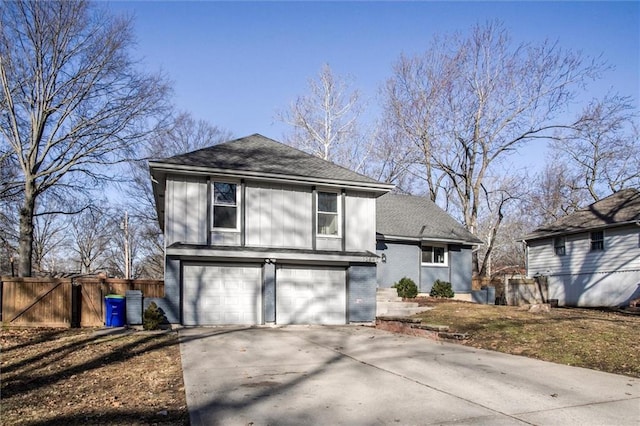 view of front of house with fence, concrete driveway, a shingled roof, a garage, and brick siding