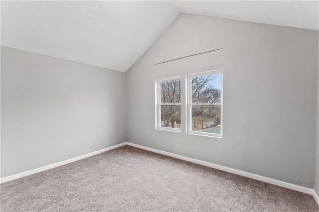 additional living space with vaulted ceiling, carpet, and a textured ceiling