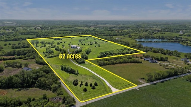 16140 214th St, Tonganoxie, KS 66086 - overview of rural landscape with a nearby body of water and property parcel outlined