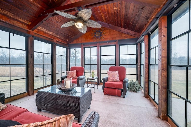 sunroom / solarium featuring ceiling fan, wooden ceiling, and lofted ceiling