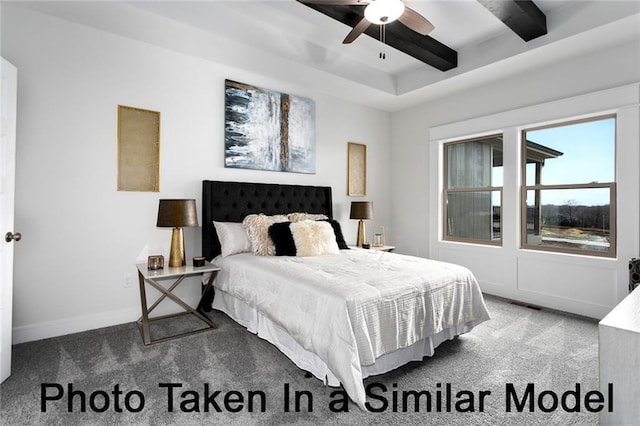 bedroom featuring beamed ceiling, carpet, visible vents, and baseboards