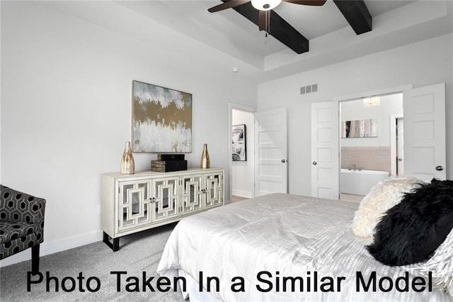 bedroom with carpet, beam ceiling, visible vents, ensuite bath, and baseboards