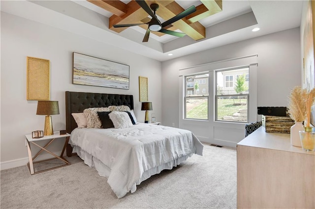 22109 W 93rd Ter, Lenexa, KS 66220 - bedroom featuring coffered ceiling, recessed lighting, light colored carpet, beamed ceiling, and a ceiling fan