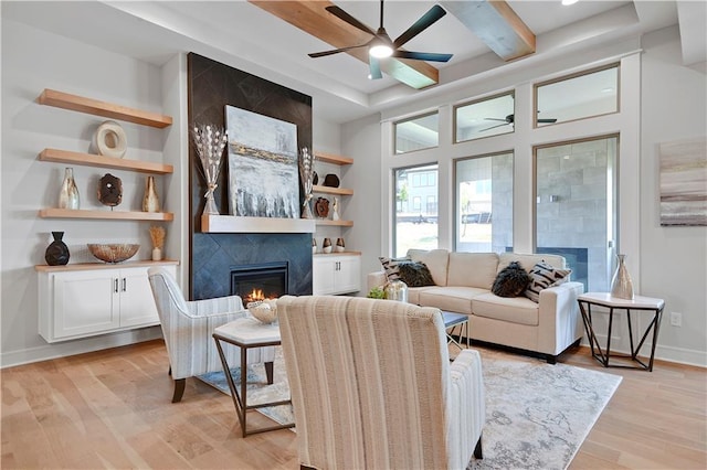 22109 W 93rd Ter, Lenexa, KS 66220 - living room with a ceiling fan, a high end fireplace, light wood-style floors, and built in shelves