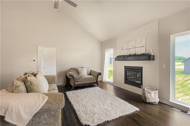 1102 Noah Ln, Kearney, MO 64060 - living area with a large fireplace, dark wood-type flooring, lofted ceiling, and a ceiling fan