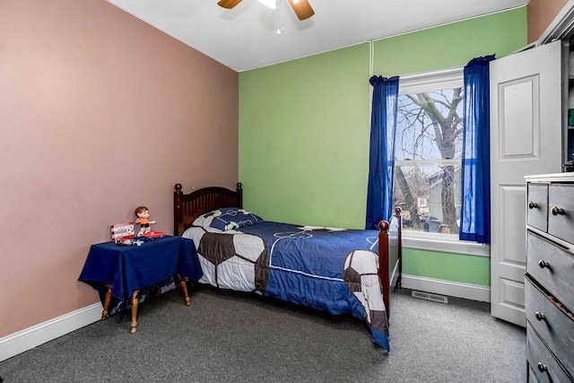 bedroom featuring carpet and ceiling fan