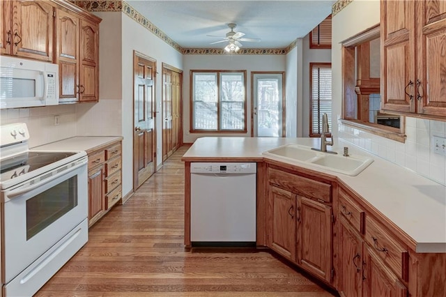 kitchen with sink, white appliances, ceiling fan, backsplash, and wood-type flooring