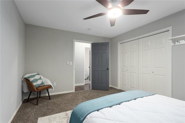 bedroom featuring ceiling fan, dark carpet, and a closet