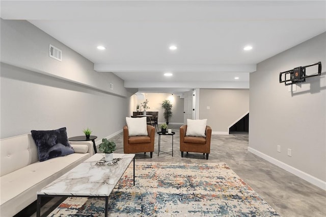 living room featuring beam ceiling