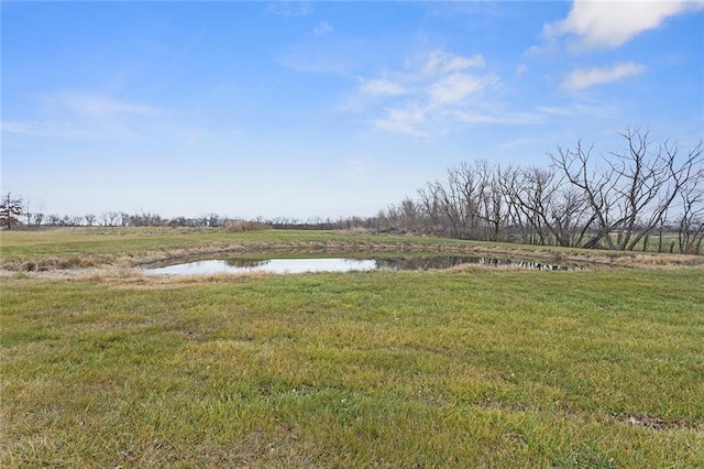 view of yard with a rural view and a water view