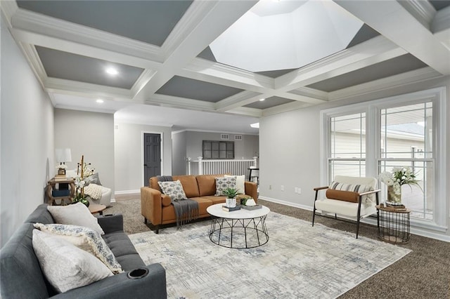 living room with coffered ceiling, beam ceiling, ornamental molding, and carpet flooring