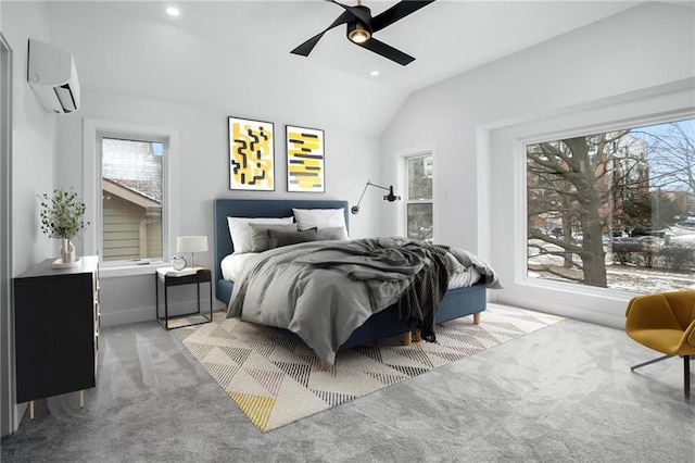 bedroom featuring lofted ceiling, recessed lighting, a ceiling fan, light carpet, and a wall mounted air conditioner