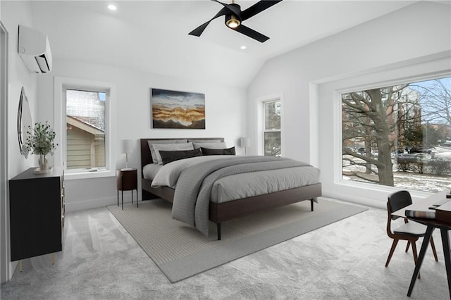 bedroom featuring light carpet, multiple windows, and a wall mounted air conditioner