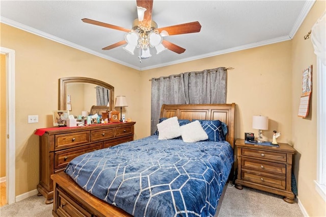 bedroom with baseboards, light carpet, ornamental molding, and a ceiling fan