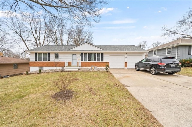 ranch-style home featuring a garage and a front yard