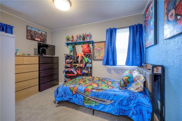 carpeted bedroom featuring ornamental molding and a textured ceiling