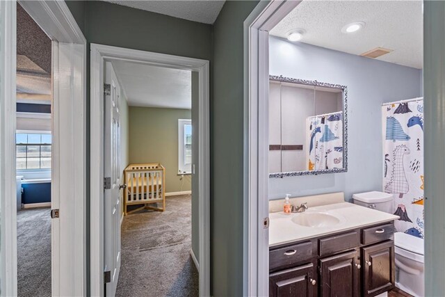 bathroom featuring vanity, a shower with curtain, a textured ceiling, and toilet