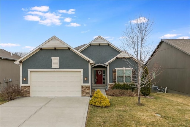 view of front facade featuring stucco siding, concrete driveway, an attached garage, stone siding, and a front lawn