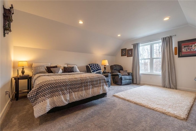 carpeted bedroom featuring vaulted ceiling