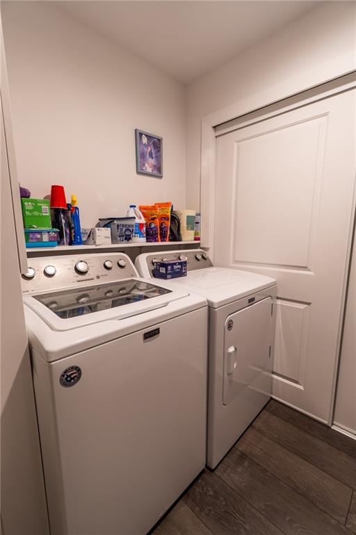 laundry room featuring dark hardwood / wood-style flooring and washer and clothes dryer