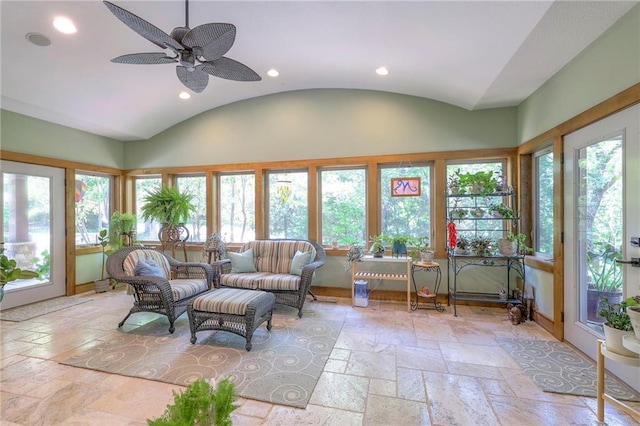 18402 W 64th St, Shawnee, KS 66218 - sunroom with stone tile flooring, vaulted ceiling, and recessed lighting