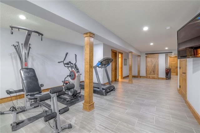 18402 W 64th St, Shawnee, KS 66218 - exercise area featuring recessed lighting, baseboards, decorative columns, and a textured ceiling